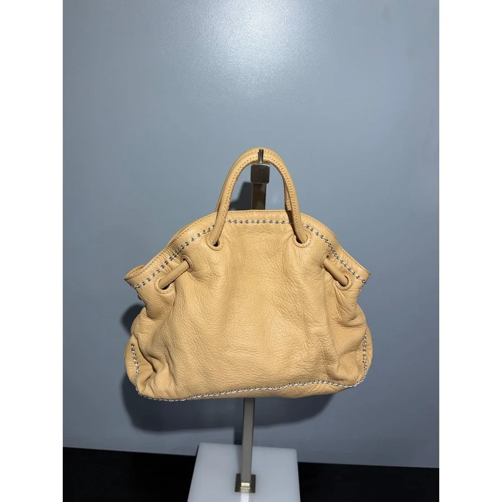 David & Scotti Italian Leather Handbag Tan Whipstitch Satchel Tote Bag